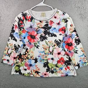 Jess & Jane Florist 1X White Multi Floral 3/4 Sleeve Top USA Made